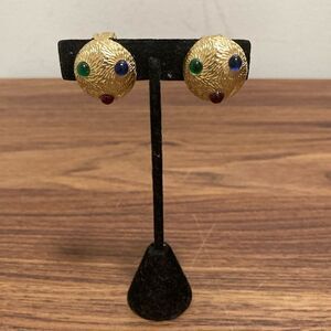 Vintage Brushed Gold Tone Dome Clip On Earrings with red/green/blue stones
